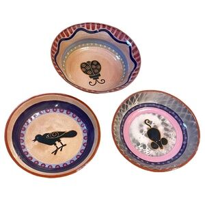 Hand Painted/Handmade Folk Art Glazed Terra-Cotta Pottery‎ Bowls, Set Of 3